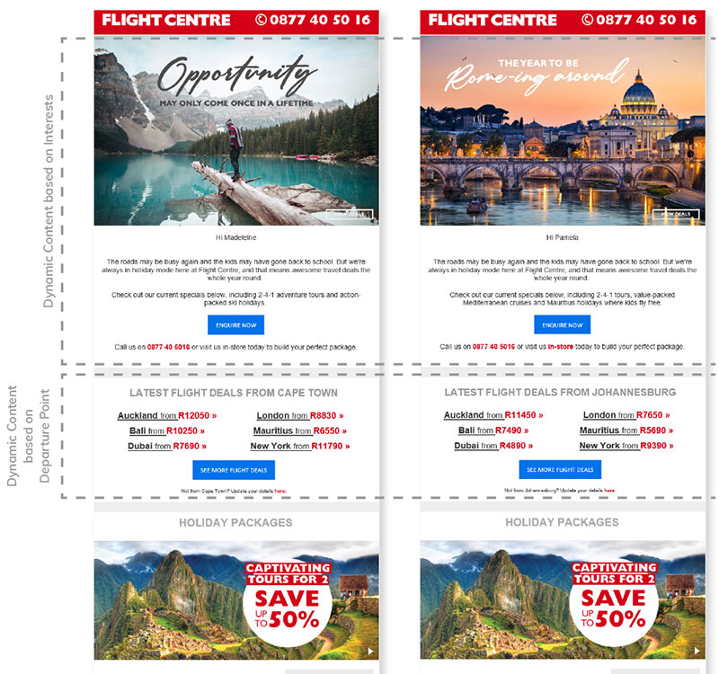 Everlytic | Blog | 5 Email Marketing Tips for the Travel Industry | Example of Flight Centre Personalised Email Offers | Travel